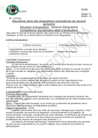 Première page de Histoire-Géographie 4e, 4e ML — 2e évaluation sommative, 2e semestre (2018-2019) · CEG Lobozounkpa