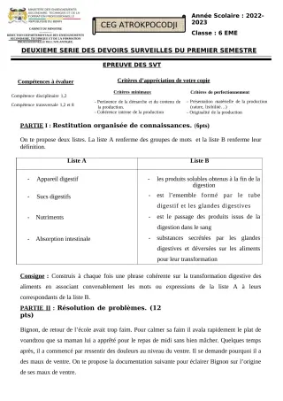 Première page de SVT 6e, 5e, 4e ML, 3e — 2e devoir surveillé, 1er semestre (2022-2023) · CEG ATROKPOCODJI