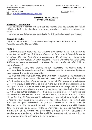 Première page de Français 2nde A2, 2nde B, 2nde C, 2nde D — Composition, 1er trimestre (2019-2020) · CPEG LICA