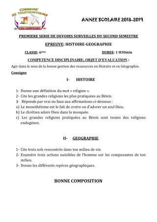 Première page de Histoire-Géographie 6e, 5e, 4e, 4e ML, 3e, 3e ML — 1er devoir surveillé, 2e semestre (2018-2019) · CEG TAMPÈGRÉ