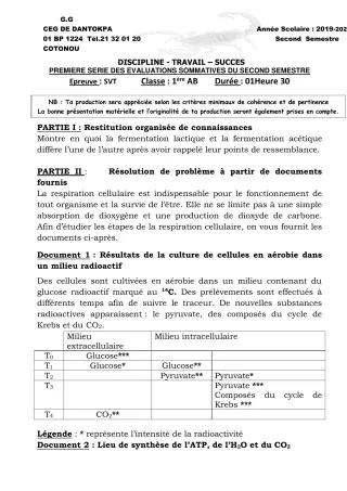 Première page de SVT 1ère A, 1ère A1, 1ère A2, 1ère B, 1ère C, 1ère D — 1re évaluation sommative, 2e semestre (2019-2020) · CEG Dantokpa