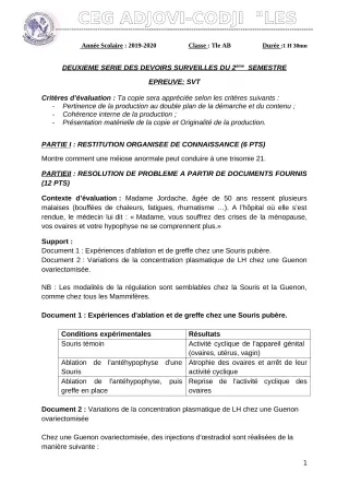 Première page de SVT Tle B — 2e devoir surveillé, 2e semestre (2019-2020) · CEG ADJOVICODJI 'LES OLIVIERS'