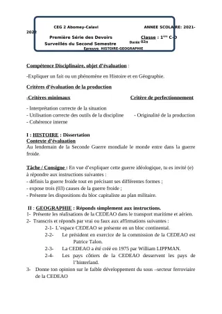 Première page de Histoire-Géographie 1ère C — 1er devoir surveillé, 2e semestre (2021-2022) · CEG2 ABOMEY - CALAVI (CEG ZOCA)