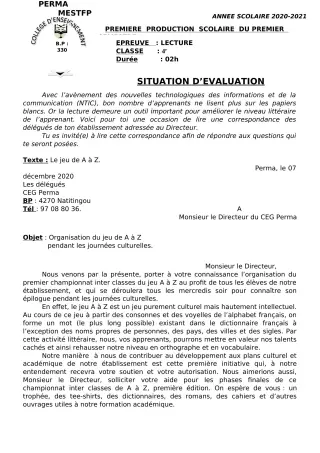 Première page de Français 6e, 5e, 4e, 3e, 3e ML, 2nde A, 2nde D, 1ère A2, Tle A, Tle A1, Tle D — 1re production scolaire, 1er semestre (2020-2021) · CEG Perma