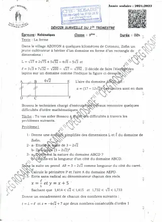 Première page de Mathématiques 3e, 3e ML — Devoir surveillé, 1er trimestre (2021-2022) · CPEG ROSAIRE