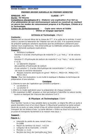 Première page de PCT 5e — 1er devoir surveillé, 1er semestre (2019-2020) · CEG GAROU