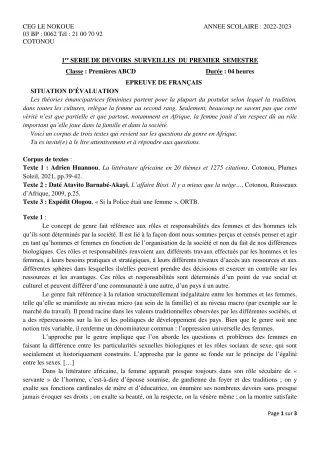 Première page de Français 1ère A2, 1ère B, 1ère D — 1er devoir surveillé, 1er semestre (2022-2023) · CEG LE NOKOUE