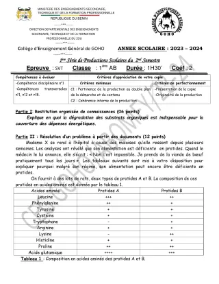 Première page de SVT 1ère A & B — 1re production scolaire, 2e semestre (2023-2024) · CEG GOHO