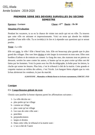 Première page de Français 6e — 1er devoir surveillé, 2e semestre (2019-2020) · CEG 2 Allada