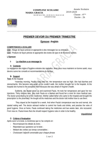 Première page de Anglais 4e — 1er devoir surveillé, 1er trimestre (2019-2020) · CPEG MARIA GRACIA