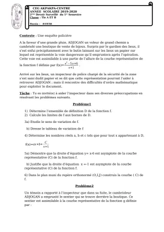 Première page de Mathématiques Tle A1, Tle A2, Tle B — 2e devoir surveillé, 1er semestre (2019-2020) · CEG 1 Akpakpa-Centre