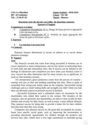 Première page de Anglais Tle A1, Tle A2, Tle B — 2e devoir surveillé, 2e semestre (2018-2019) · CEG Le Méridien