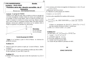 Première page de Mathématiques 3e, 3e ML — 1er devoir surveillé, 1er semestre (2019-2020) · CEG BADEKPAROU