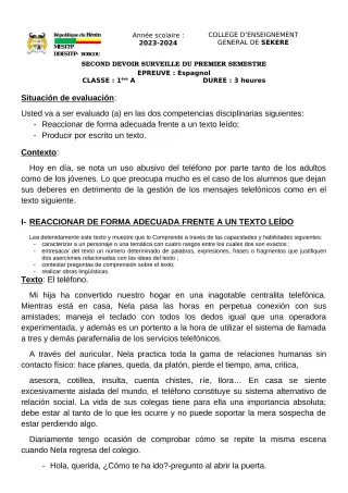Première page de Espagnol 1ère A2 — 2e devoir surveillé, 1er semestre (2023-2024) · CEG SEKERE