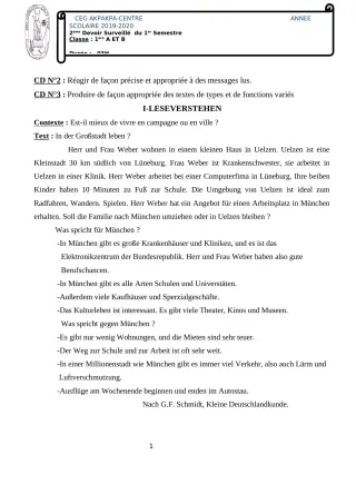 Première page de Allemand 1ère A1, 1ère A2, 1ère B — 2e devoir surveillé, 1er semestre (2019-2020) · CEG 1 Akpakpa-Centre