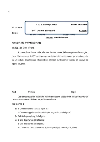 Première page de Mathématiques 6e — 2e devoir surveillé, 1er semestre (2018-2019) · CEG2 ABOMEY - CALAVI (CEG ZOCA)