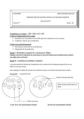 Première page de SVT 3e, 3e ML — 1er devoir surveillé, 2e semestre (2020-2021) · CEG SEKERE
