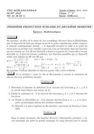 Première page de Mathématiques 1ère C — Production scolaire, 2e semestre (2018-2019) · CEG AGBLANGANDAN
