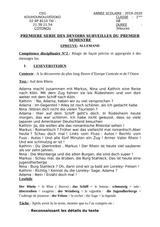 Première page de Allemand 1ère A1, 1ère A2, 1ère B — 1er devoir surveillé, 1er semestre (2019-2020) · CEG Kouhounou-Vêdoko
