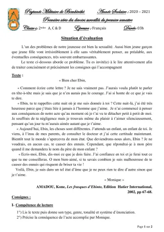 Première page de Français 2nde A, 2nde C, 2nde D — 1er devoir surveillé, 1er semestre (2020-2021) · PMB