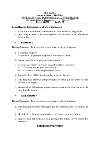 Première page de Histoire-Géographie 6e — 1re évaluation sommative, 2e semestre (2019-2020) · CEG GAROU