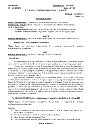 Première page de Philosophie 1ère C, 1ère D — 2e devoir surveillé, 1er semestre (2020-2021) · CEG PAHOU