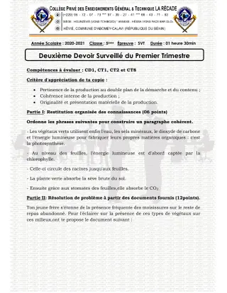 Première page de SVT 6e, 5e, 4e, 4e ML, 3e, 3e ML, 2nde B, 2nde D, 1ère A2, 1ère B, 1ère D, Tle A2, Tle B, Tle D — 2e devoir surveillé, 1er trimestre (2020-2021) · CPEG LA RECADE