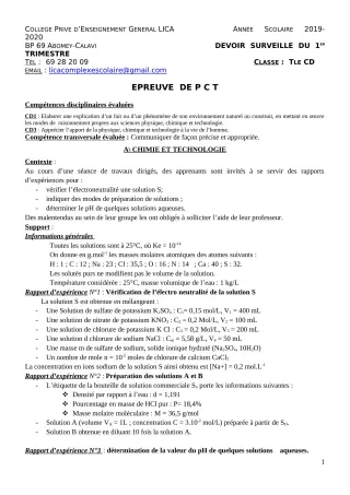 Première page de PCT Tle C, Tle D — Devoir surveillé, 1er trimestre (2019-2020) · CPEG LICA