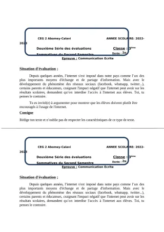 Première page de Français 3e — 2e évaluation sommative, 2e semestre (2022-2023) · CEG2 ABOMEY - CALAVI (CEG ZOCA)