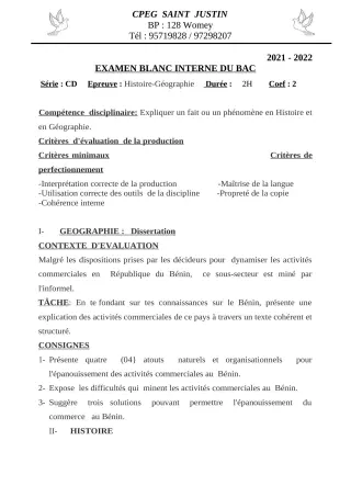 Première page de Examen Blanc de HIST-GEO — Tle C, Tle D — CPEG SAINT Justin (2021)