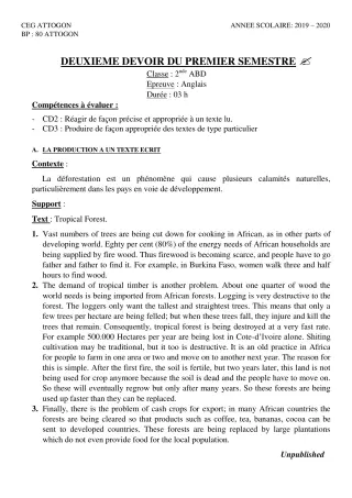 Première page de Anglais 2nde A & B, 2nde A1, 2nde A2, 2nde B, 2nde D — 2e devoir surveillé, 1er semestre (2019-2020) · CEG Attogon