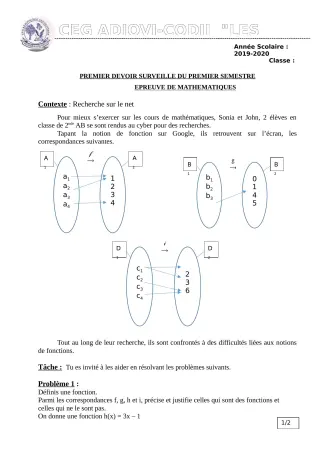 Première page de Mathématiques 2nde B — 1er devoir surveillé, 1er semestre (2019-2020) · CEG ADJOVICODJI 'LES OLIVIERS'