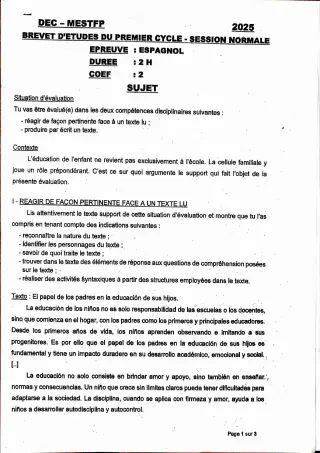 Première page de Épreuve d’Espagnol – BEPC 2025 – Bénin