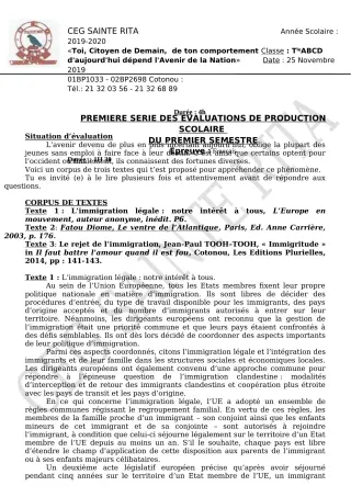 Première page de Français 6e, 5e, 4e, 4e ML&MC, 3e, 3e ML, 2nde A2, 2nde B, 2nde C, 2nde D, 1ère A2, 1ère B, 1ère C, 1ère D, Tle A2, Tle B, Tle C, Tle D — Production scolaire, 1er semestre (2019-2020) · CEG Sainte Rit