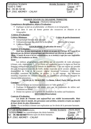 Première page de Histoire-Géographie Tle A2, Tle B — Composition, 2e trimestre (2019-2020) · CPEG GOD'S TIME