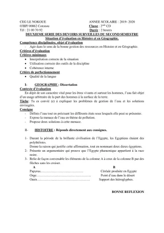 Première page de Histoire-Géographie 2nde C — 2e devoir surveillé, 2e semestre (2019-2020) · CEG LE NOKOUE