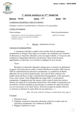 Première page de Histoire-Géographie 3e, 3e ML — 1er devoir surveillé, 3e trimestre (2019-2020) · CPEG ROSAIRE