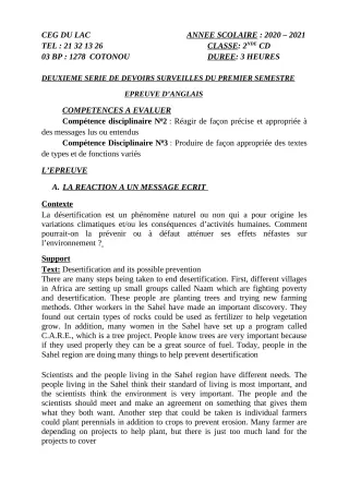 Première page de Anglais 2nde C, 2nde D — 2e devoir surveillé, 1er semestre (2020-2021) · CEG du Lac