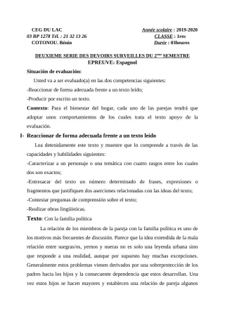 Première page de Espagnol 1ère B — 2e devoir surveillé, 2e semestre (2019-2020) · CEG du Lac