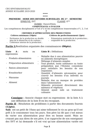 Première page de SVT 6e, 5e, 4e, 4e ML, 3e, 3e ML, 2nde A, 1ère A2, 1ère D, Tle A1, Tle D — 1er devoir surveillé, 1er semestre (2018-2019) · CEG kpataba