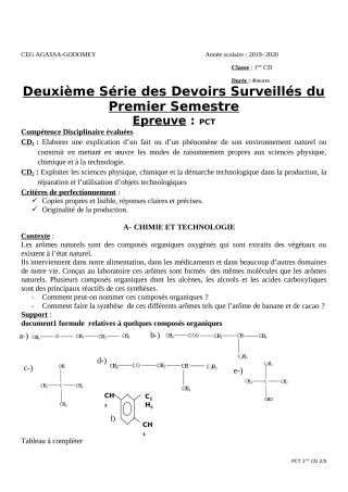 Première page de PCT 1ère C, 1ère D — 2e devoir surveillé, 1er semestre (2019-2020) · CEG Agassa Godomey