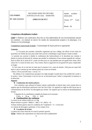 Première page de PCT 4e — 2e devoir surveillé, 2e semestre (2018-2019) · CEG PAHOU