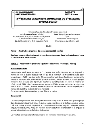 Première page de SVT 2nde C — Évaluation sommative (2018-2019) · CEG Albarika
