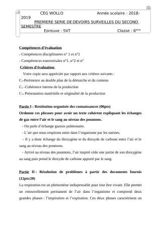 Première page de SVT 6e, 5e, 4e, 4e ML, 3e, 3e ML — 1er devoir surveillé, 2e semestre (2018-2019) · CEG WOLLO