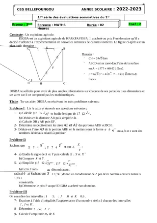Première page de Mathématiques 3e — 1re évaluation sommative, 1er semestre (2022-2023) · CEG Bellefoungou