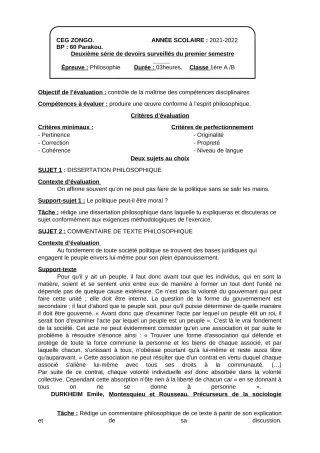 Première page de Philosophie 1ère A1, 1ère A2, 1ère B — 2e devoir surveillé, 1er semestre (2021-2022) · CEG ZONGO