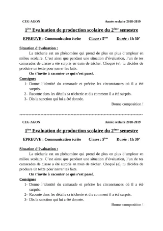 Première page de Français 5e — 1re production scolaire, 2e semestre (2018-2019) · CEG Agon