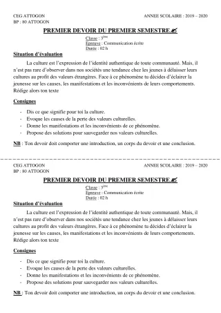 Première page de Français 3e, 3e ML — 1er devoir surveillé, 1er semestre (2019-2020) · CEG Attogon