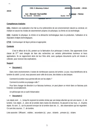 Première page de PCT 5e — 1er devoir surveillé, 2e semestre (2018-2019) · CEG2 ABOMEY - CALAVI (CEG ZOCA)