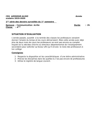 Première page de Français 4e ML&MC — 1er devoir surveillé, 1er semestre (2019-2020) · CEG AZOHOUE-ALIHO